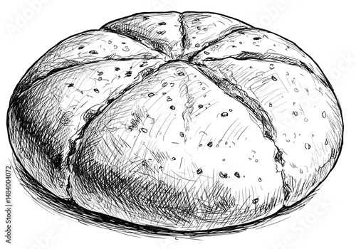 Damper Bread Loaf, Monochrome Sketch Style, Black and White Tones, Traditional Australian Bread Concept for Food Blogs, Recipes, Australian Cuisine