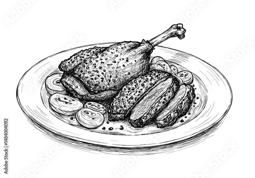 Duck Confit with Sliced Vegetables on White Plate, Warm Tones, Traditional French Dish Concept for Food Blogs, Recipes, Restaurant Menus