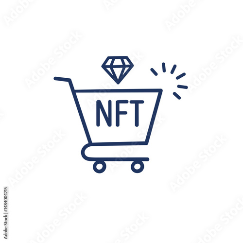 NFT Marketplace Shopping Cart Icon with Diamond, Digital Asset Concept for E-commerce, Blockchain, Crypto Platforms