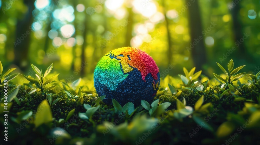 Rainbow Earth in Lush Green Forest - A Symbol of Environmental Conservation Rainbow Earth in Lush Green Forest - A Symbol of Environmental Conservation