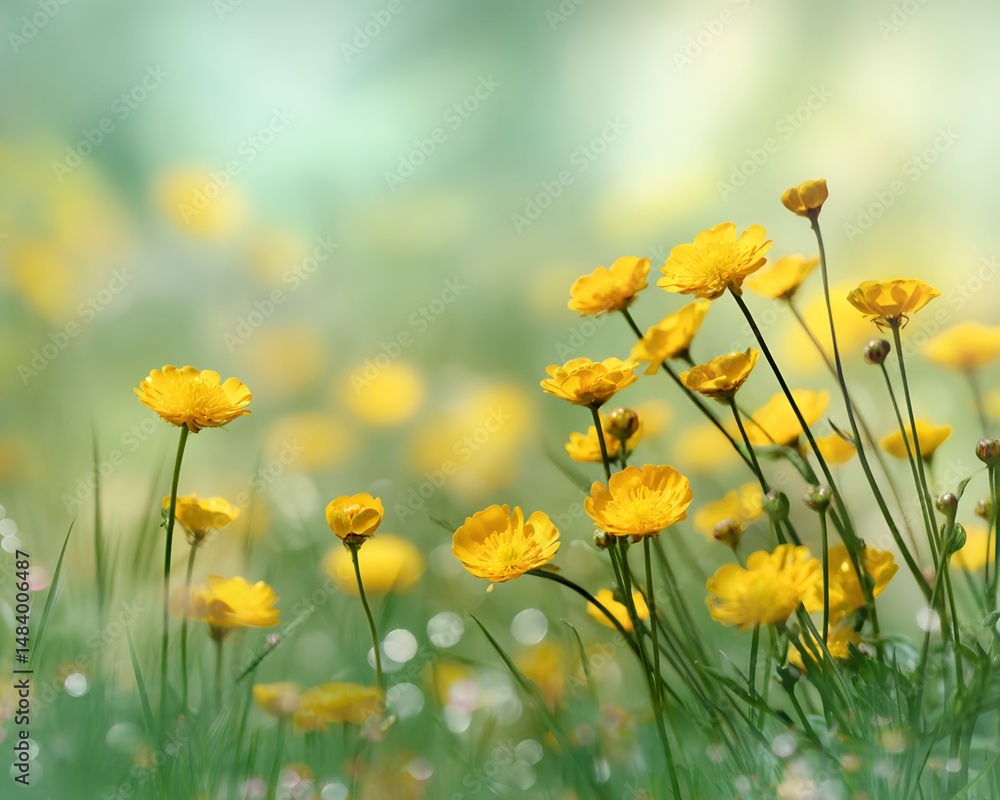 Fototapeta premium Yellow Buttercup Flowers in a Field