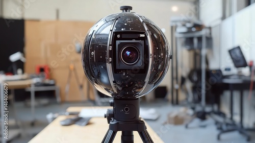 Spherical camera on tripod, indoor setting.