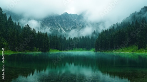 Misty mountain lake