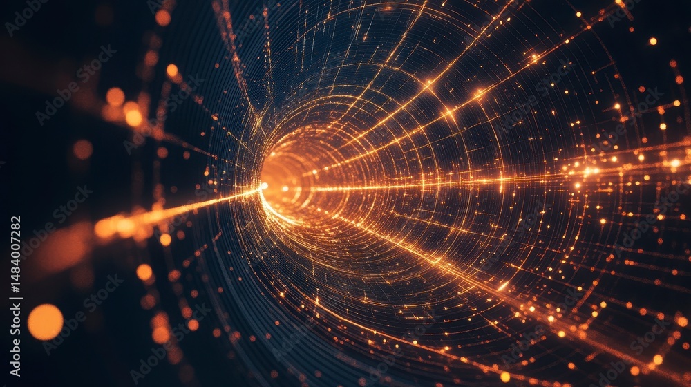 Obraz premium Glowing energy tunnel with light streaks and particles.