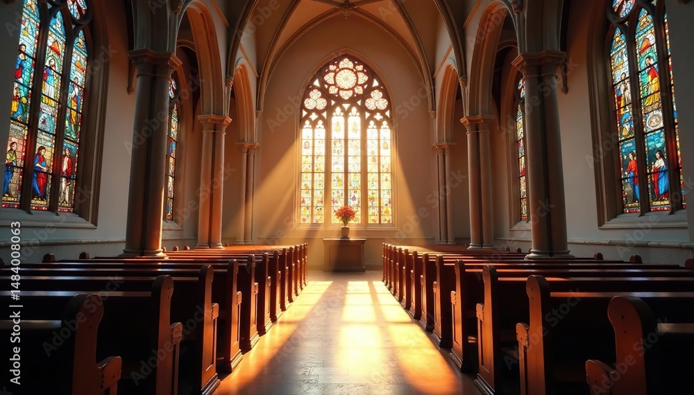 Fototapeta premium A peaceful church interior, sunlight streaming through stained glass windows , faith, altar, spirituality