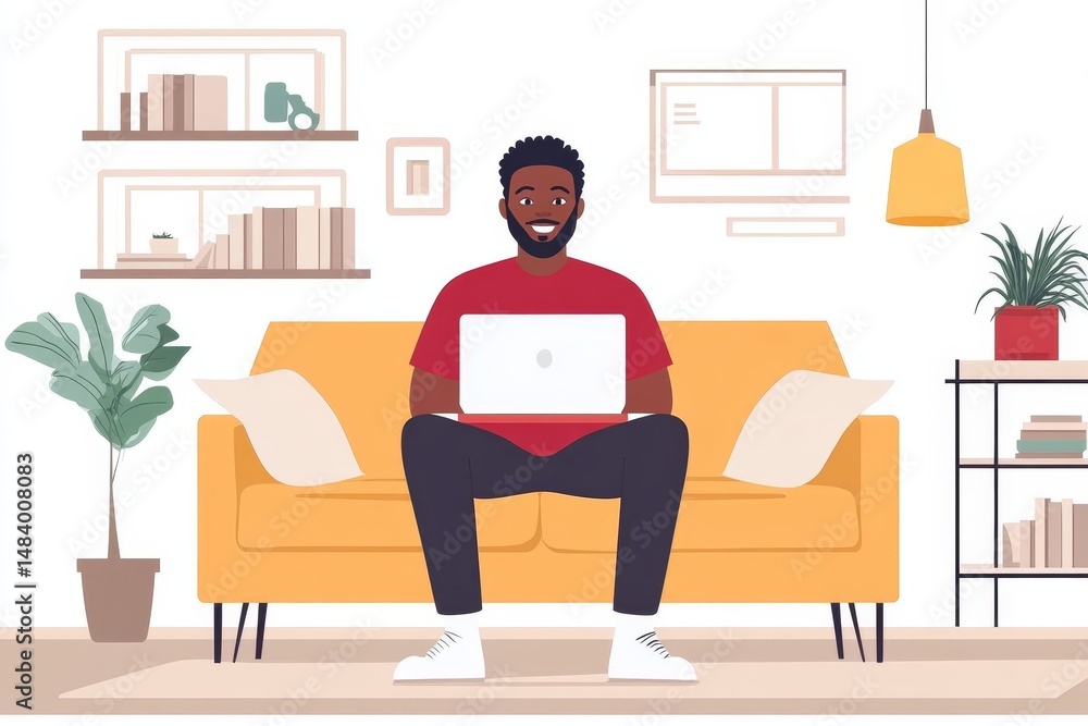 A man sitting on a yellow couch with a laptop in a living room with shelves and decorations around him A man sitting on a yellow couch with a laptop in a living room with shelves and decorations around him
