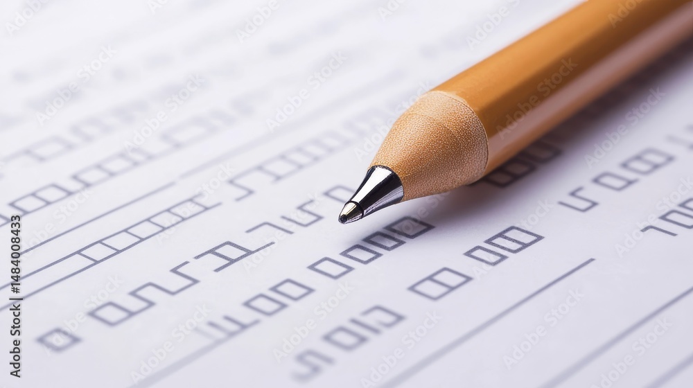 Close up of a pencil on a sheet of paper with boxes and letters filling the page and information Close up of a pencil on a sheet of paper with boxes and letters filling the page and information