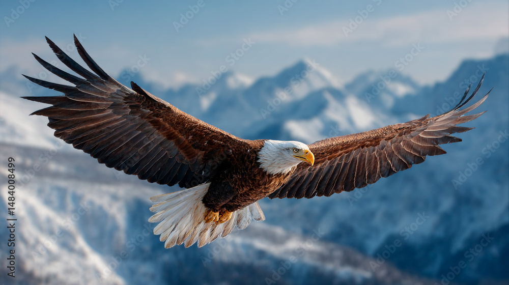 Obraz premium Majestic soaring eagle in flight against the backdrop of snow-capped mountains