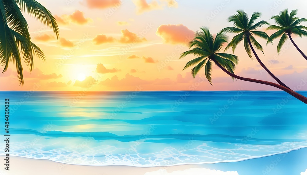 Fototapeta premium Serene Tropical Sunset Palm Trees, Ocean, and Beach Paradise