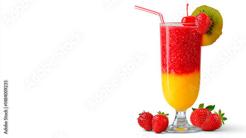 Refreshing layered fruit smoothie with fresh strawberries and kiwi garnish. Tasty!