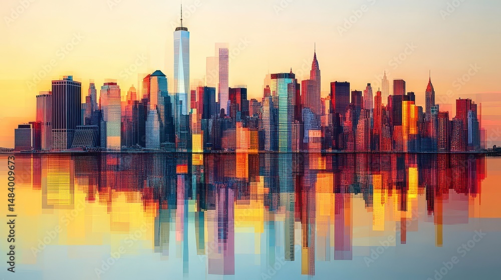 Fototapeta premium Vibrant sunset cityscape reflected in calm water.