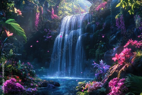 Fototapeta Naklejka Na Ścianę i Meble -  Lush jungle waterfall cascading into a vibrant pool, surrounded by colorful blossoms and butterflies