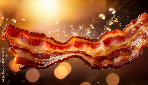crispy bacon slice with splashing oil droplets and warm bokeh background