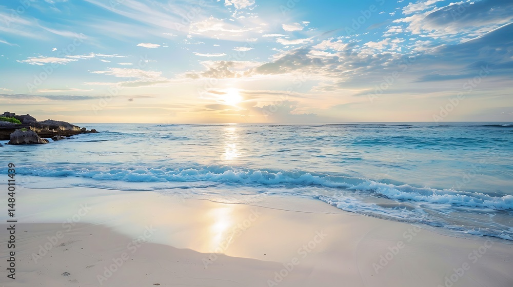 Fototapeta premium Golden Sunset Reflecting On Calm Ocean Water And Sandy Beach Landscape