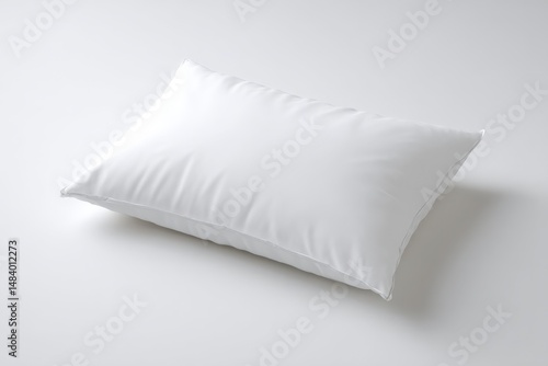 A pristine white pillow rests on a smooth white surface, exuding serenity and cleanliness. Perfect for minimalist designs.