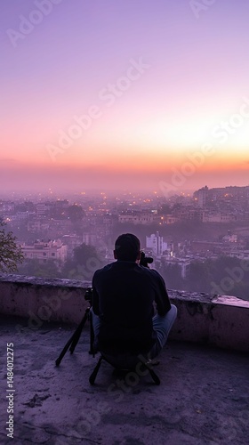 Person photographs sunrise cityscape, tripod, hazy view.