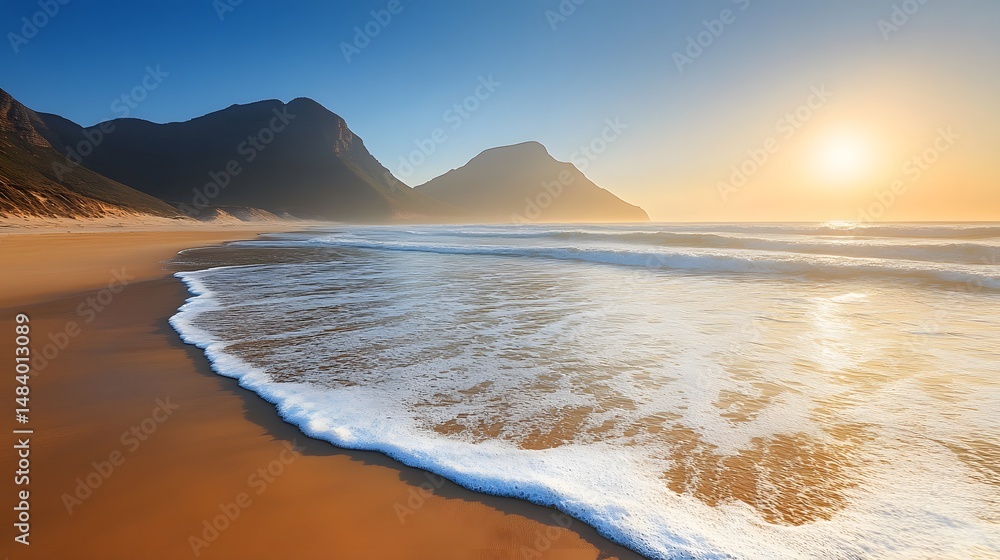 Fototapeta premium Scenic Sunrise Beach with Mountain View