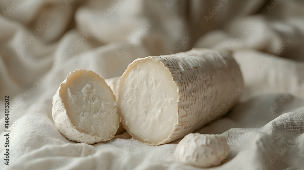 Fototapeta premium Queso de Cabra, Goat Cheese fresh goat cheese log on linen, white creamy texture, soft daylight background