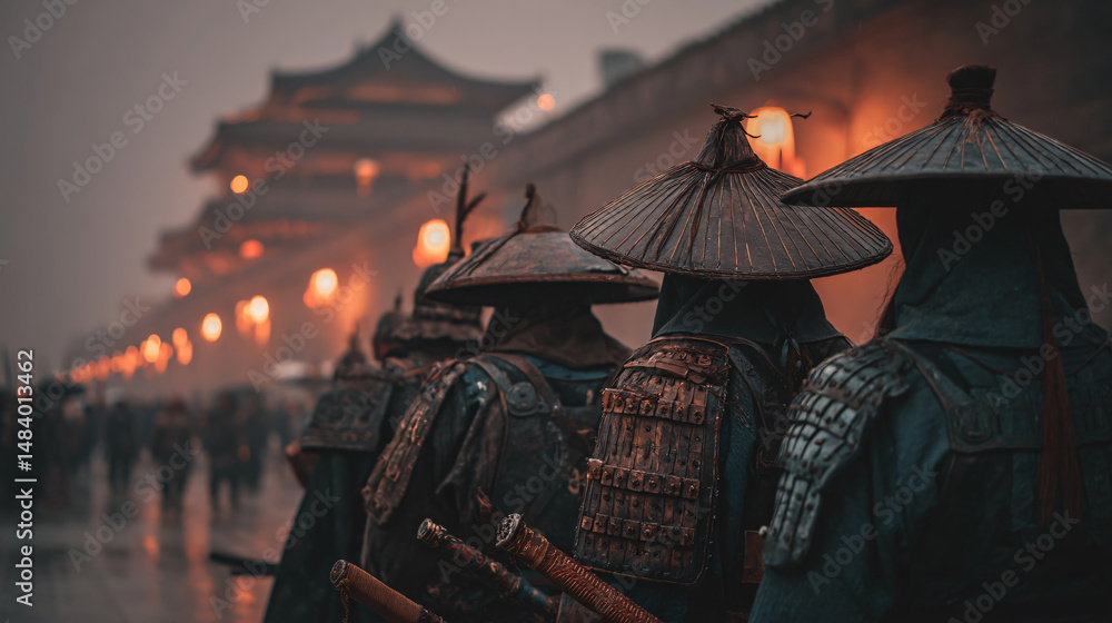 Naklejka premium Ancient Asian Warriors Showcasing Cultural Traditions Dressed in Historic Uniforms at Night Market with Lanterns Amid Fog and Mist in Mysterious Cityscape, Enriched by Elegant Architecture Dramatic