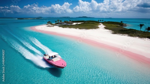Fototapeta Naklejka Na Ścianę i Meble -  Pink Boat Adventure on Pristine Turquoise Waters and Sand Beach Landscape Under Sunny Sky with White Clouds