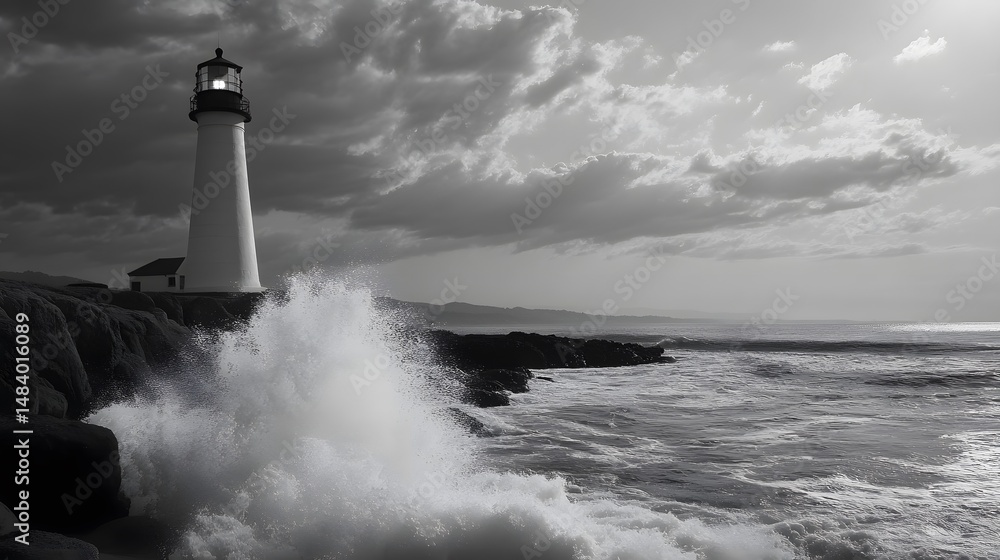 Obraz premium Dramatic Black and White Lighthouse Seascape with Crashing Waves