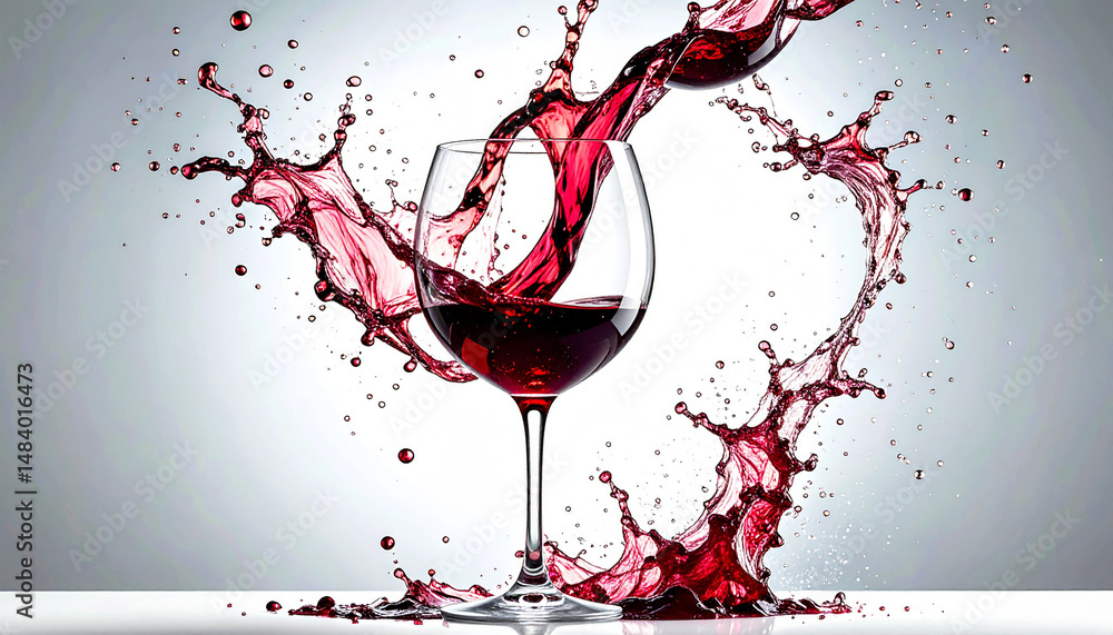 Fototapeta premium Red wine is poured into the glass in the vineyard. Background concept. Generated Image