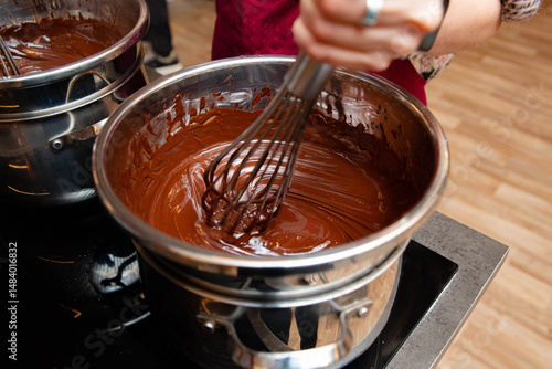 Canvas Print Melting and Whisking Chocolate in Double Boiler