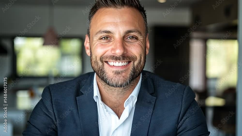 Man smiling portrait in blue blazer and white shirt indoor business headshot Man smiling portrait in blue blazer and white shirt indoor business headshot