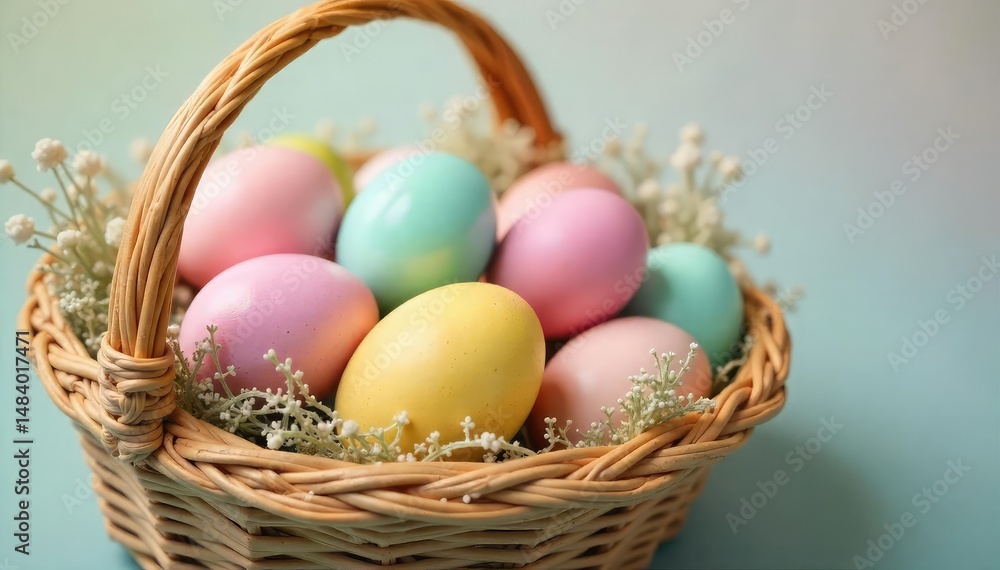 Naklejka premium Pastel-colored Easter eggs in a basket, showcasing a variety of spring colors , orange, purple, holiday