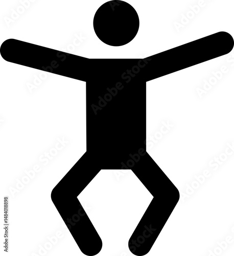 Black pictogram of a man with outstretched arms and arched legs