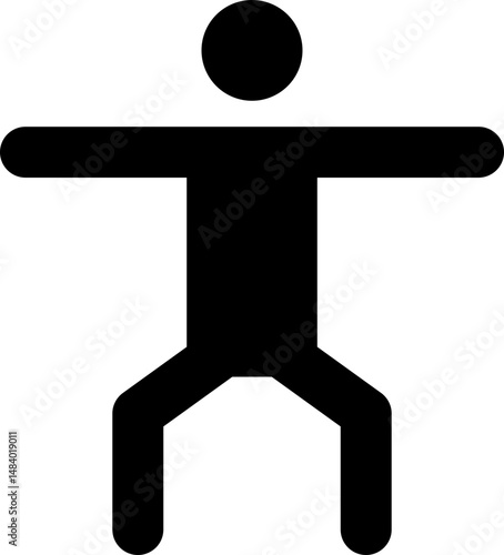 Black pictogram of a man with two arms stretched out and doing squats