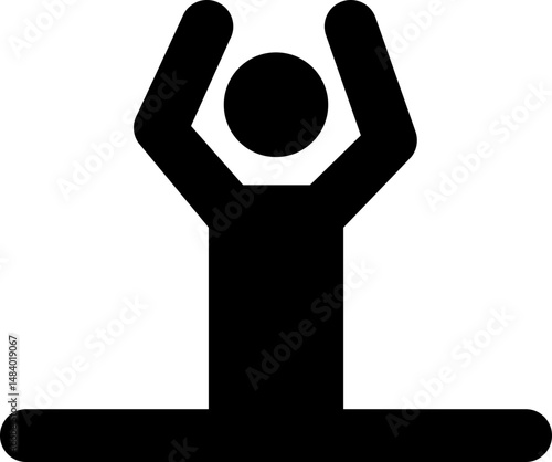 Black pictogram of a man doing a dance maneuver with his legs fully open and his arms up