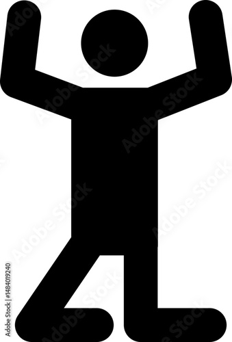 Black pictogram of a man kneeling with his arms up representing someone in danger, robbed or being held hostage
