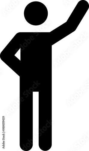 Black pictogram of a man standing with one hand on his waist and pointing upwards with the other