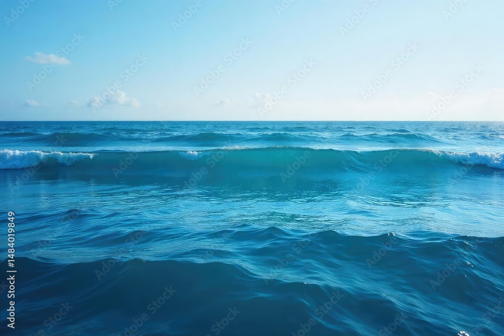 Obraz premium Vast expanse of deep blue ocean water, waves gently rolling under a clear sky Perfect for travel, nature, or environmental themes , water, coastal