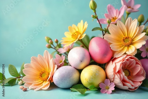 Vibrant floral Easter eggs and spring blooms in a festive arrangement , cheerful, botanical, colorful