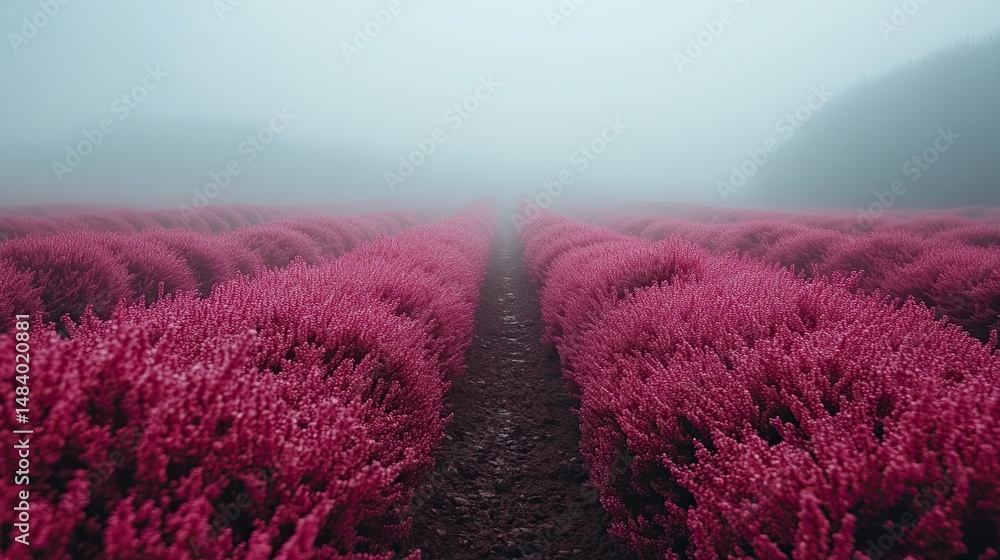 Obraz premium Pink Heather Field in Fog.