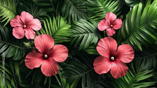 Pink Hibiscus Tropical Leaves.