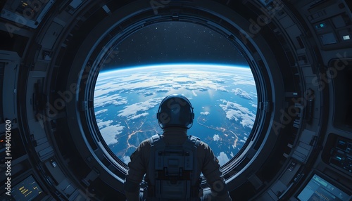 Astronaut View Earth From Window Outer Space Wonder. Planet Perspective, City Lights Below. Spaceship Interior Technology Visible, Contemplative Space Traveler Observes Blue Planet. Humanity's Reach