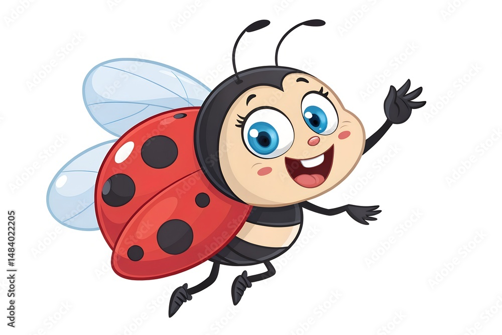 Cheerful Ladybug Cartoon: A friendly ladybug with big blue eyes and a wide smile waves hello, adding a touch of playful charm to any project. Cheerful Ladybug Cartoon: A friendly ladybug with big blue eyes and a wide smile waves hello, adding a touch of playful charm to any project.