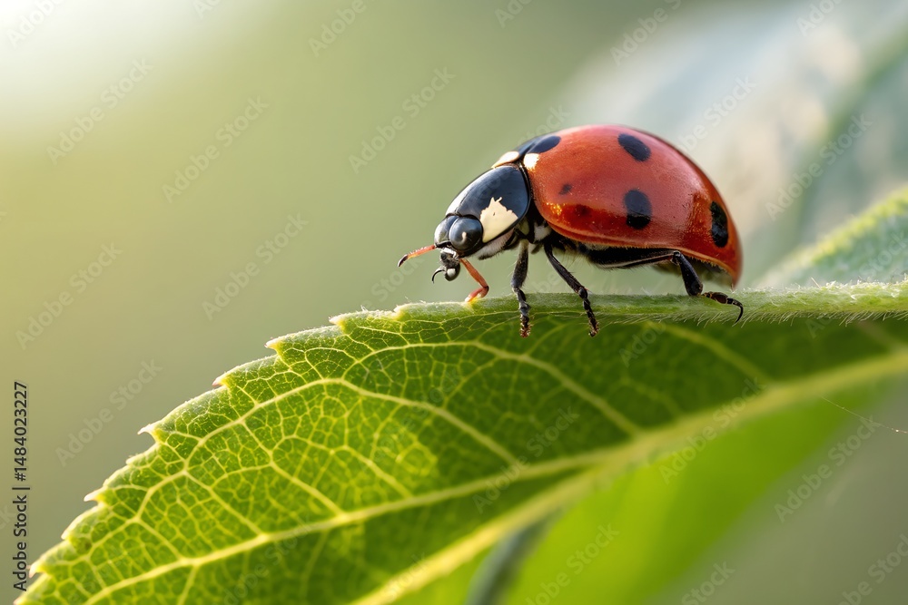 Fototapeta premium Ladybug's Embrace: A captivating image showcases a vibrant ladybug perched delicately on a textured green leaf.