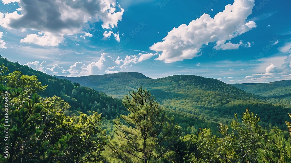 Obraz premium Panoramic View of Verdant Mountains Underneath a Bright Blue Sky with Puffy Clouds