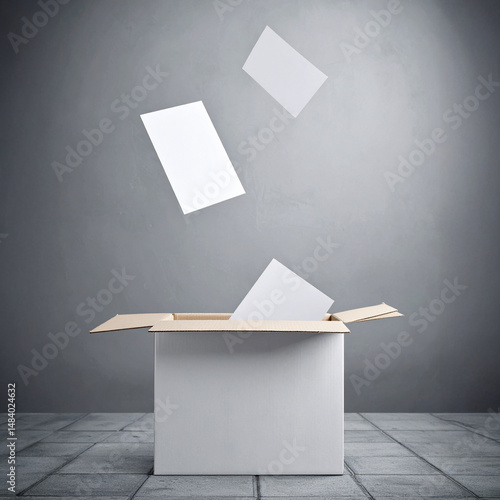 Broken ballot box with voting papers flying in the wind, set against a gray urban background. Symbolic image of distrust, electoral chaos or democracy at risk.
