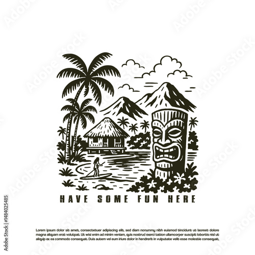 Vintage retro hand drawn exotic beach paradise with Tiki  statue and mountain in the background
