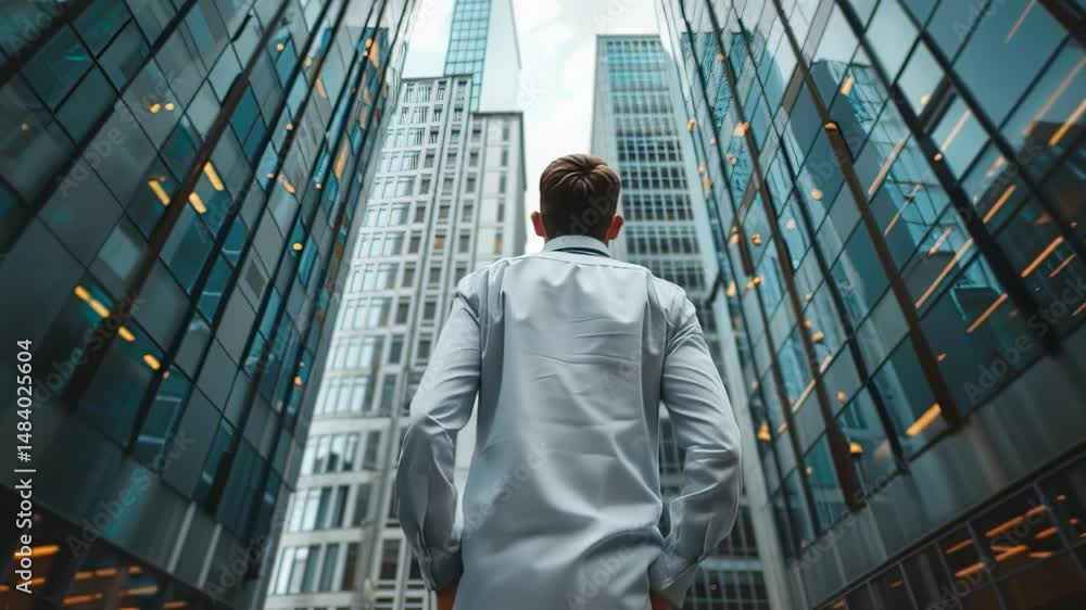 Man looking up at skyscrapers in a modern city, low angle shot, urban landscape, business district, architectural perspective Man looking up at skyscrapers in a modern city, low angle shot, urban landscape, business district, architectural perspective