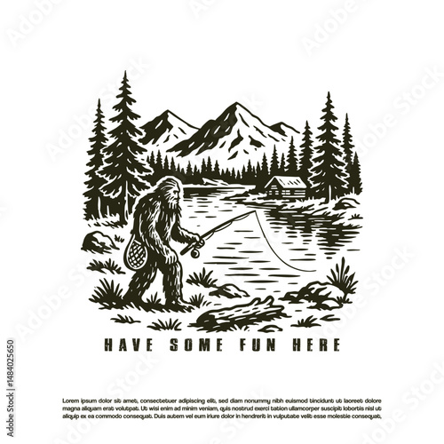 Vintage retro hand drawn bigfoot or yeti fishing in the lake forest