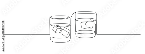 Whiskey glasses in one continuous line drawing. Whisky and liquor with ice cubes for alcohol drink menu in simple linear style. Editable stroke. Doodle outline vector illustration