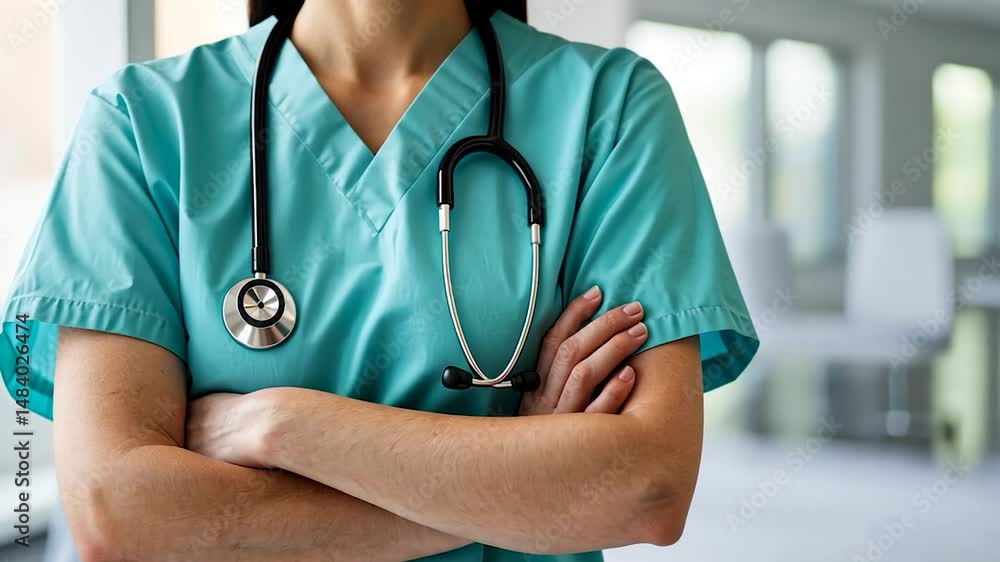 Medical professional in scrubs with stethoscope healthcare concept Medical professional in scrubs with stethoscope healthcare concept