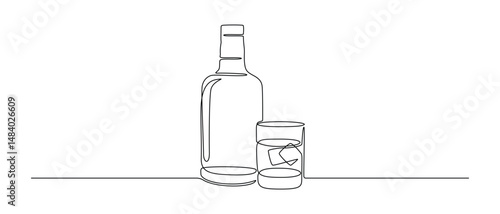 Glass and bottle of whiskey in one continuous line drawing. Whisky and liquor with ice cubes for alcohol drink menu in simple linear style. Editable stroke. Hand drawn vector illustration