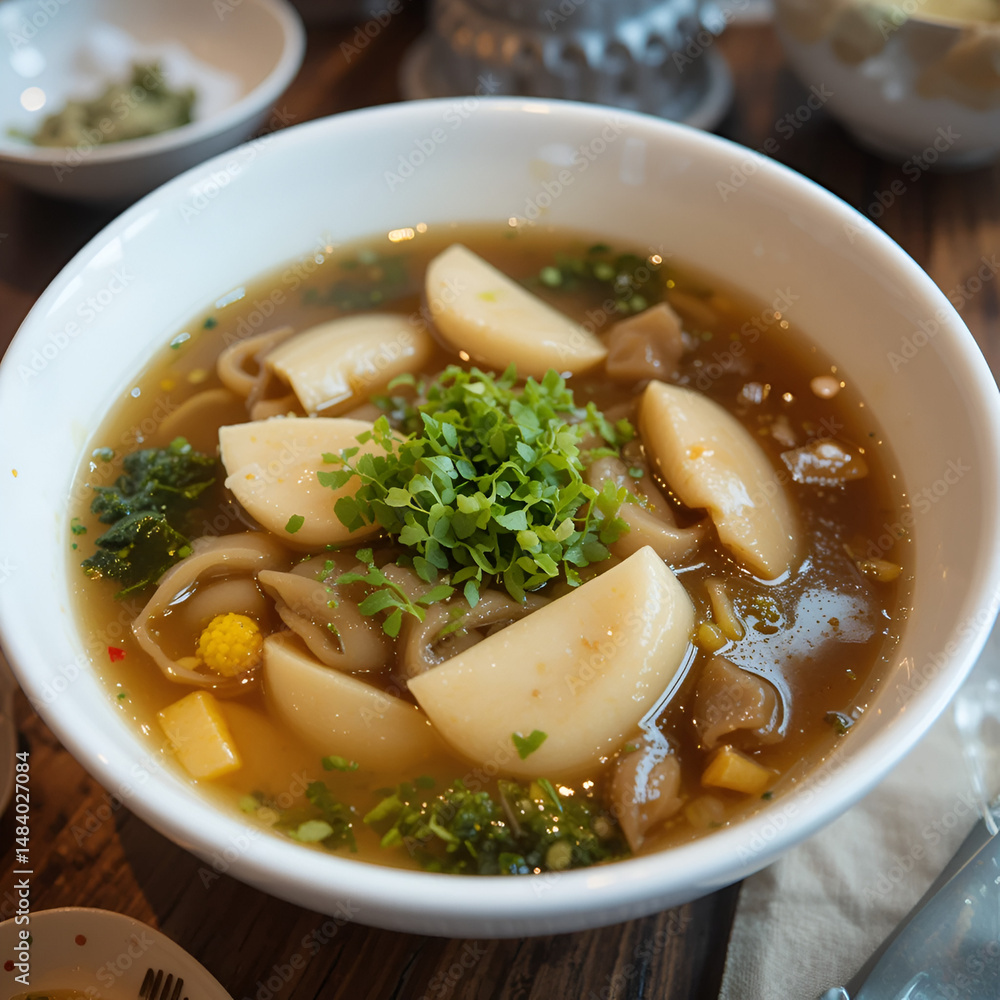 Mock shark fin soup delicacy in white bowl served at chinse banquet Mock shark fin soup delicacy in white bowl served at chinse banquet
